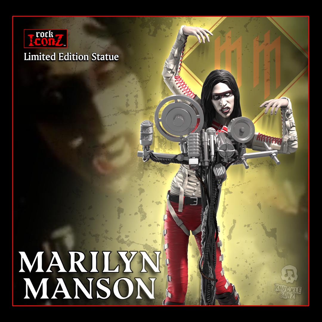 Marilyn Manson statue on a yellow and black background